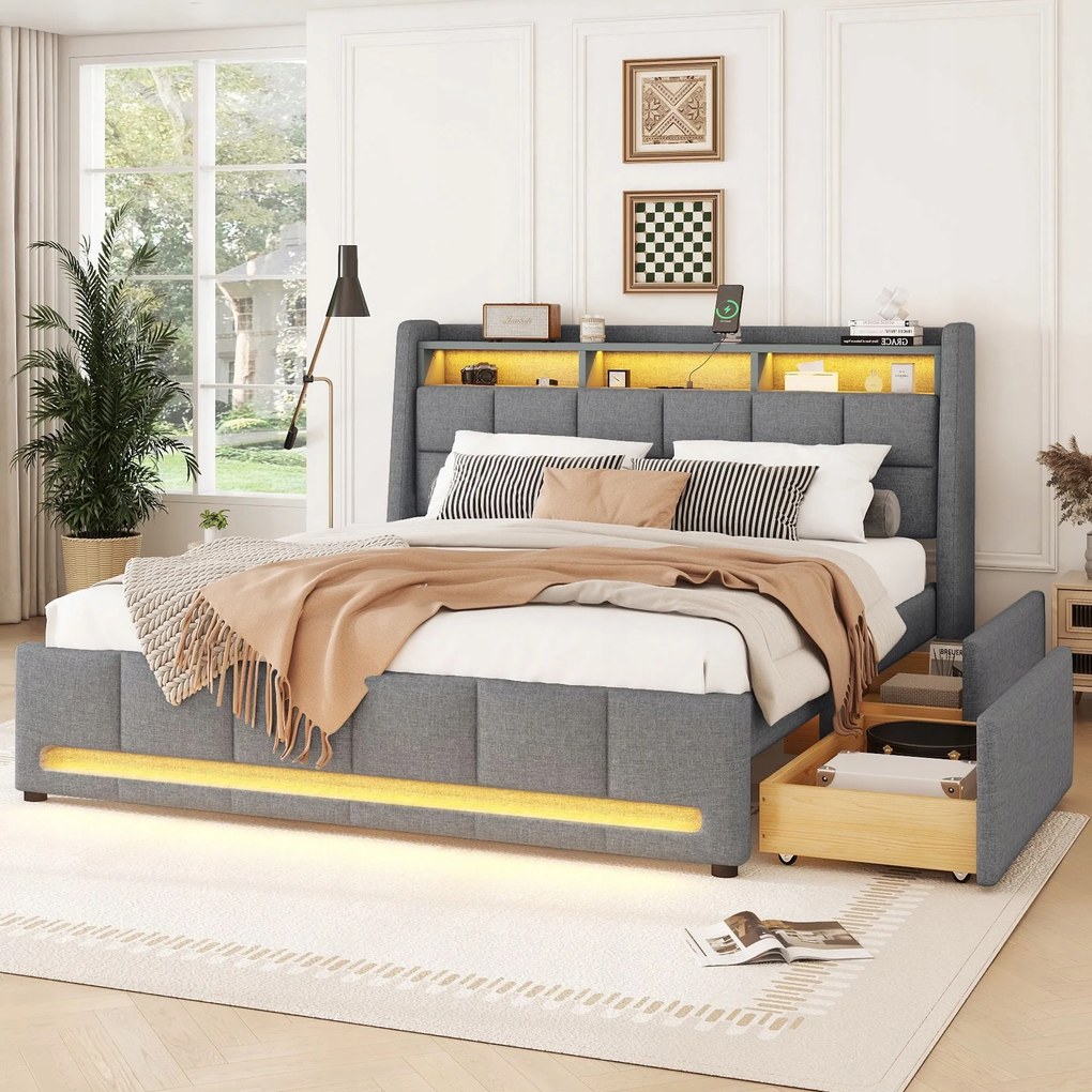 Kárpitozott ágy, 140 x 200 cm Franciaágy Fiókok Usb aljzatok Szürke