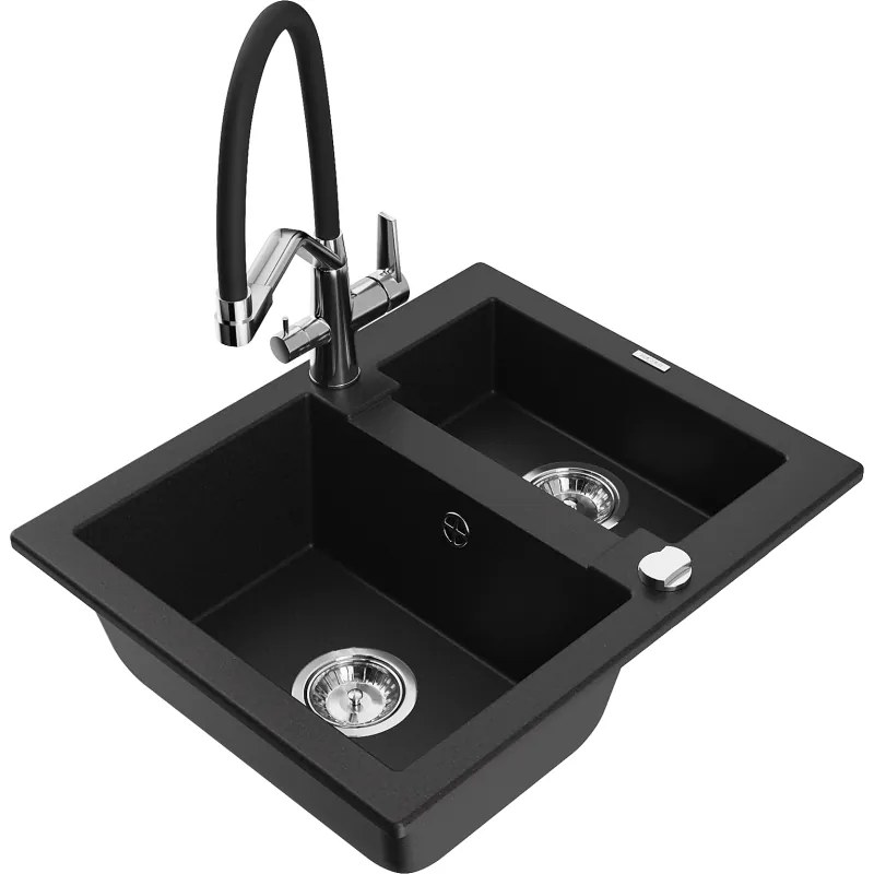 Mexen Carlos 1,5-medencés gránit mosogató Duo konyhai csapteleppel, fekete - 6518-77-671701-07