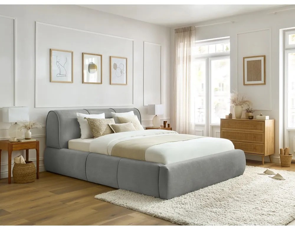 Világosszürke kárpitozott franciaágy tárolóhellyel, ágyráccsal 180x200 cm Vernon – Bobochic Paris