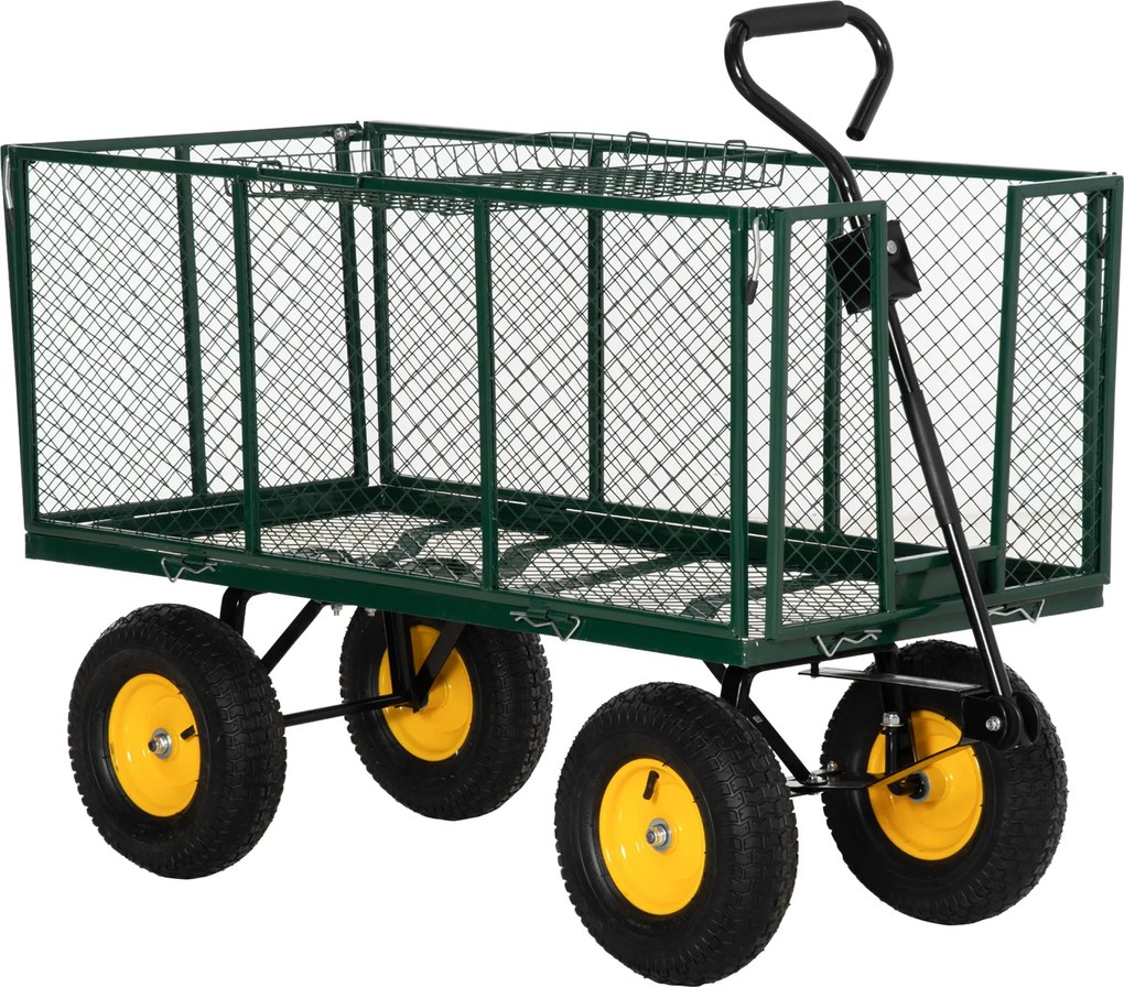Outsunny Zöld Kerti Kocsi 342L Összecsukható Oldalfalakkal és 4 Kerekékkel, 138x57x84cm | Aosom