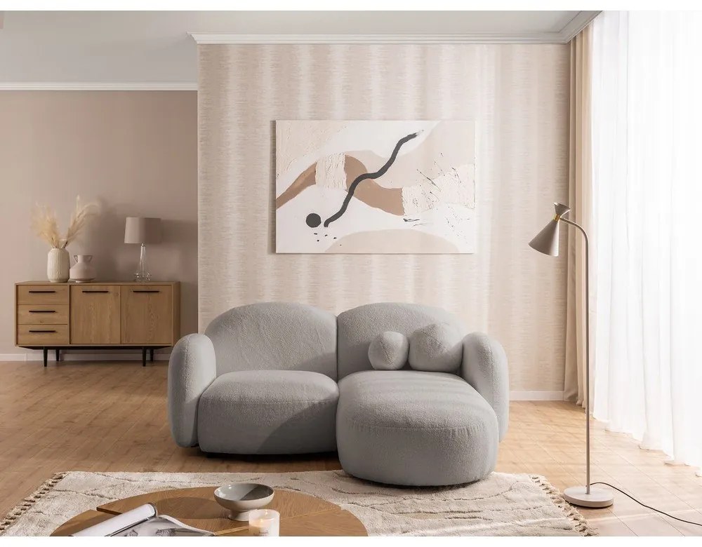 Szürke buklé sarokkanapé (jobb oldali-heverő résszel) Orbit – Ropez