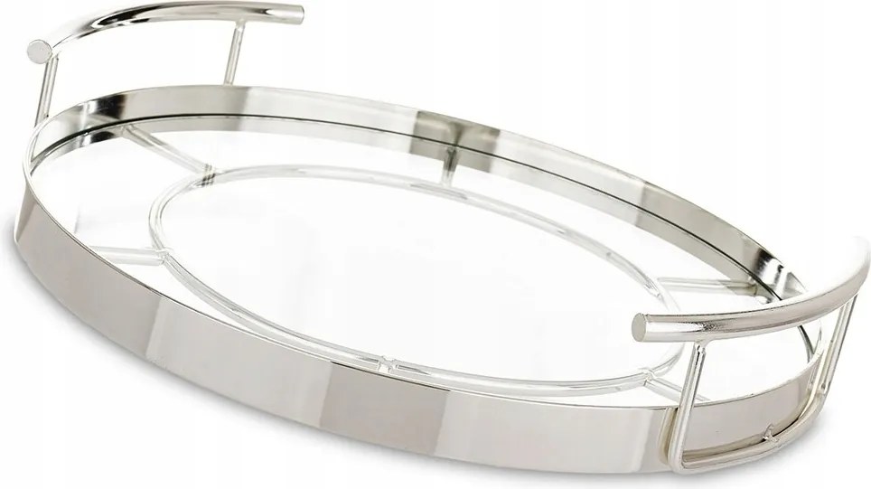 Dekorációs Tálca Fém Üveg Ezüst 25cm Glamour Fogantyúkkal 30