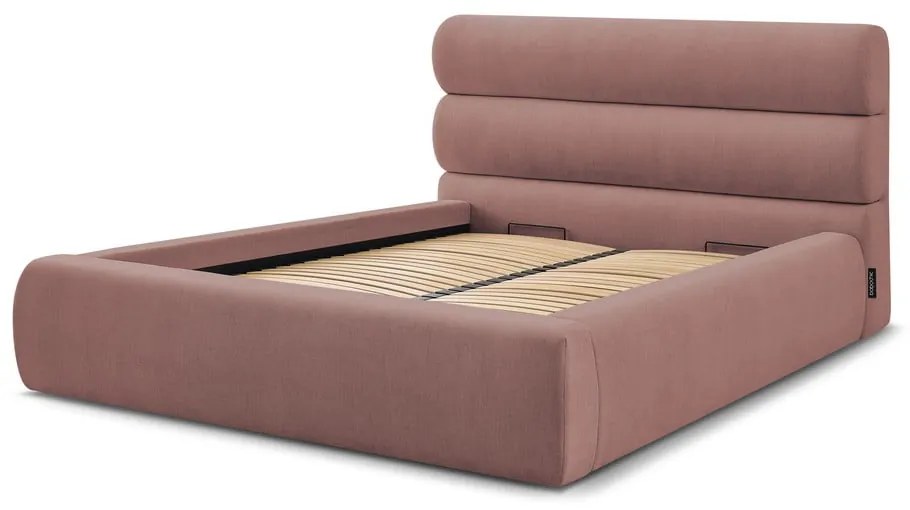 Világos rózsaszín kárpitozott franciaágy tárolóhellyel, ágyráccsal 160x200 cm Jagna – Bobochic Paris