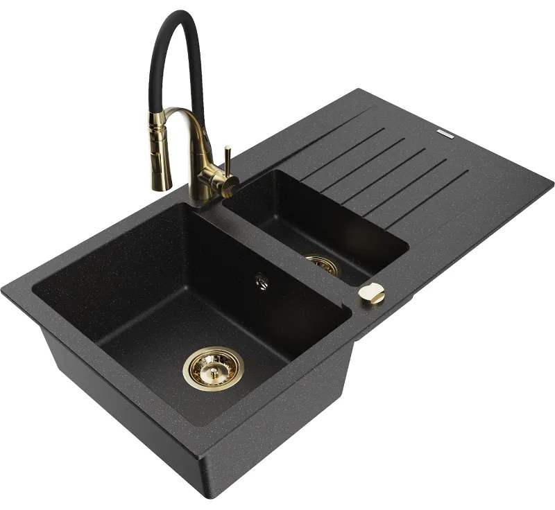 Mexen Matias, gránit mosogató 900x505x200 mm, 1,5 kamrás és Aster mosogató csaptelep, fekete-ezüst metál, 6502-73-73450-57-G