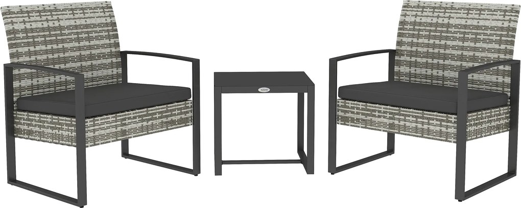 Outsunny 2 Személyes Kerti Bútor Készlet 3 Darab 2 Szék Párnákkal + Üveglapos Kávézó Asztal Fonott Italimitációval 4 Szálban Világosszürke | Aosom