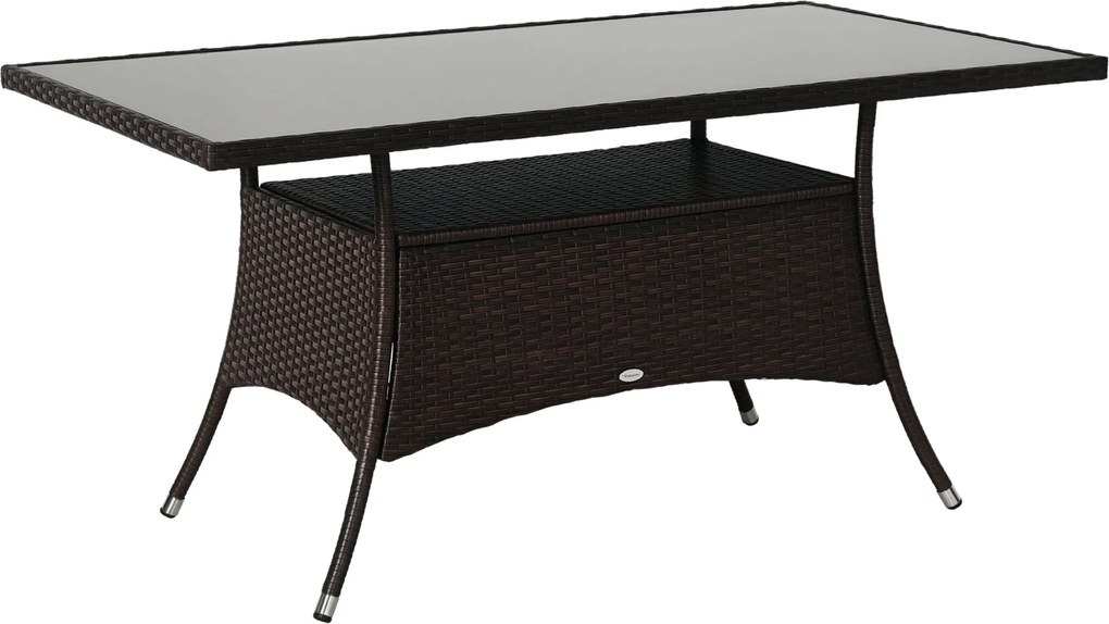 Outsunny Üvegasztal Kerti Étkezőasztal Terasz Bútor, Rattan+Biztonsági Üveg, Barna+Fekete, 150x85x74cm | Aosom