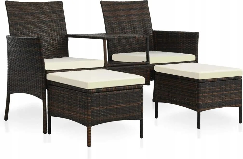 2 személyes kerti kanapé asztallal és lábtartóval, Pe rattan, barna