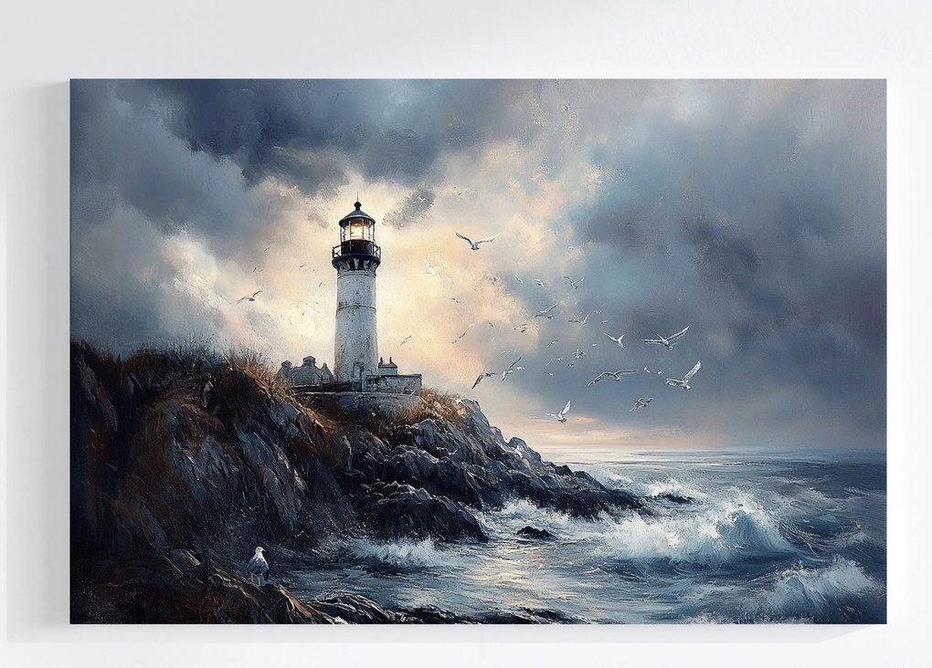 Vászonkép Canvas Tájkép Tenger Hullámok Tengerpart Sirály Világítótorony 60x40