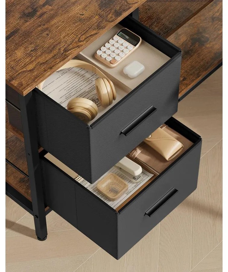 L alakú íróasztal 2 tágas fiókkal, sarokasztal állítható polccal, rusztikus barna