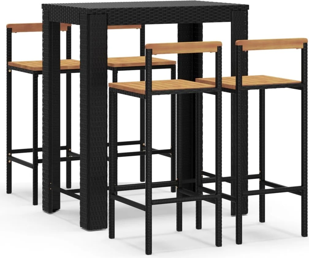 vidaXL 5 részes fekete polirattan és tömör akácfa kerti bárszett