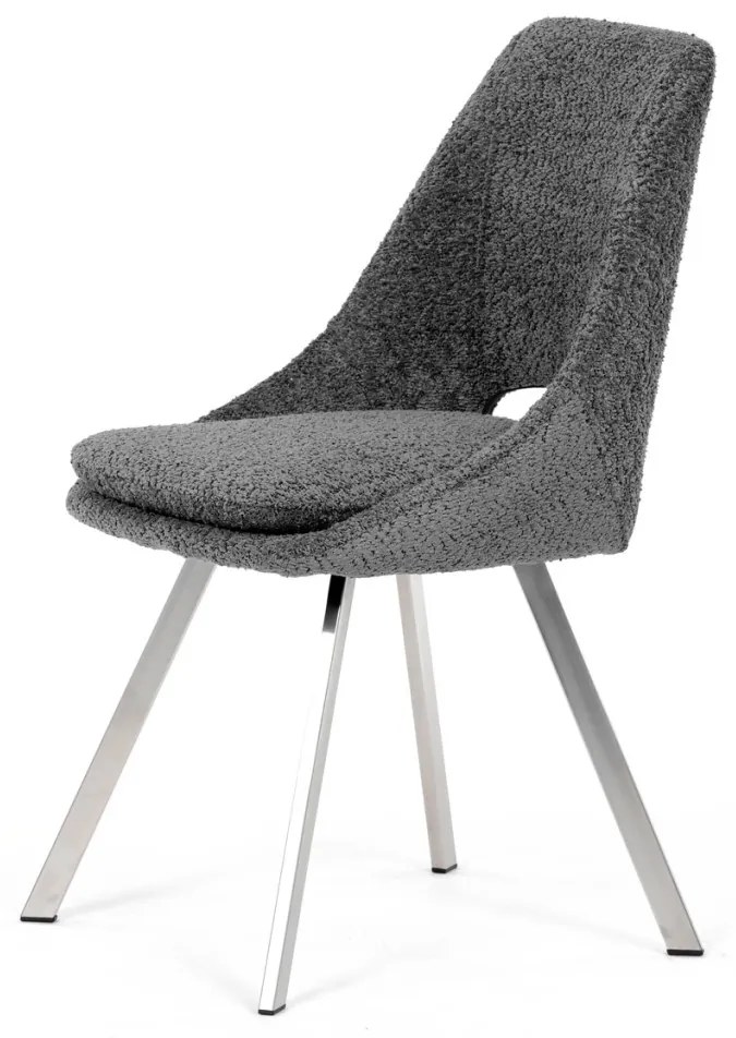 Scaun de sufragerie modern, tapițerie din material gri, picioare metalice, oțel inoxidabil periat.