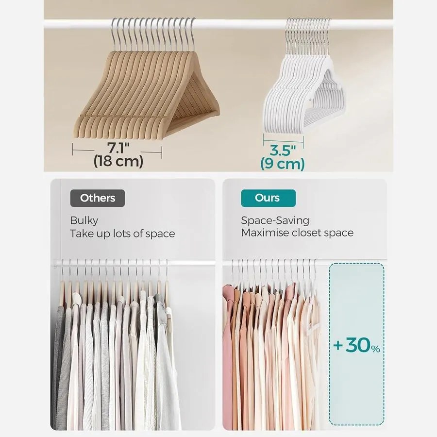 Csúszásmentes vállfák, bársonyos ruhaakasztók, 30 db, felhőfehér
