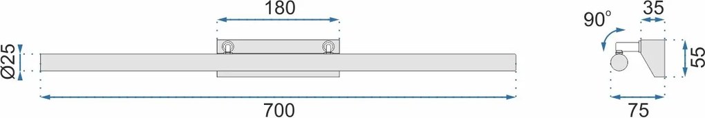 Toolight Szerszámlámpa, LED fürdőszobai lámpa tükör felett 9W 70CM APP363-1W, króm, OSW-08429