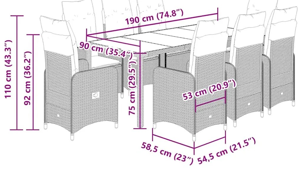 vidaXL 9 részes bézs polyrattan kerti bisztrógarnitúra párnákkal