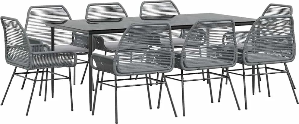 vidaXL 9 részes szürke polyrattan üveg kerti étkezőgarnitúra párnával
