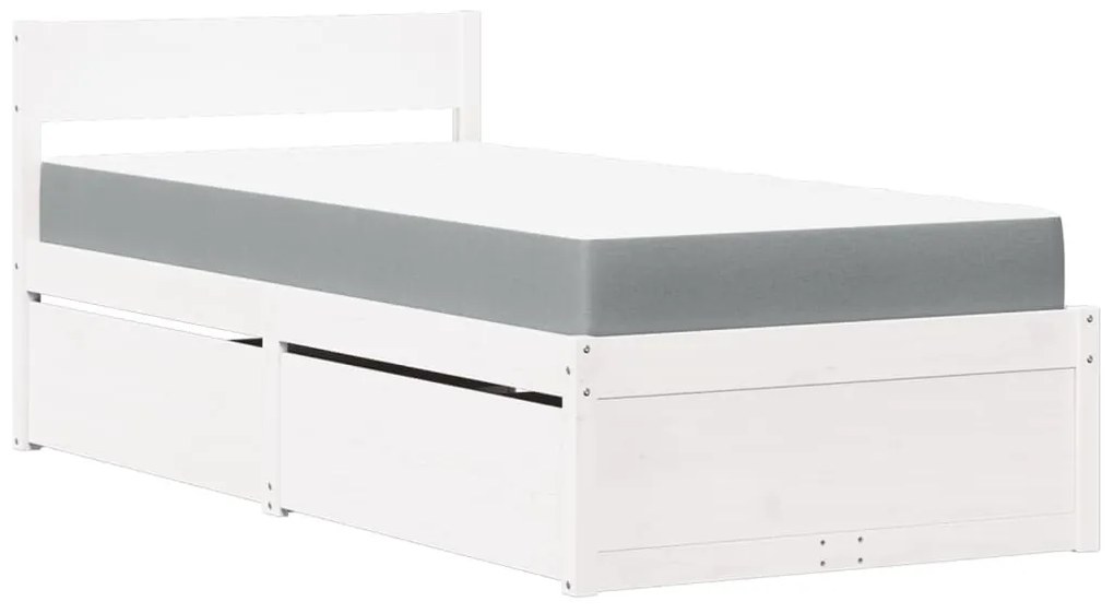 fehér tömör fenyőfa ágy fiókokkal és matraccal 100 x 200 cm