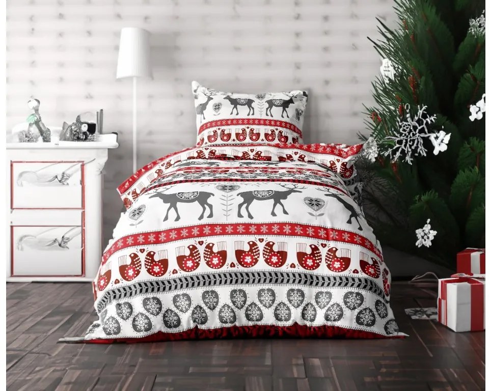 KARÁCSONYI SZARVASZ ÉS GROUSE fehér lanel ágynemű + SOFT sötétszürke mikroplüss lepedő 90x200 cm