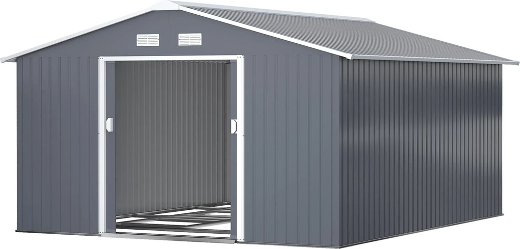 Outsunny Fém Szerszámtároló 26.2m³ 340x386x200cm Tetővel Ellátott Szerszámtároló Alapozott Csúszóajtóval Lokális időjárásálló Kerti Ház Kültéri Kertés