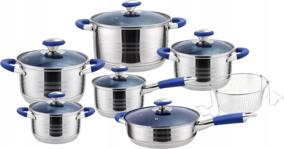 Rozsdamentes acél edénykészlet, 13 darabos, kék fogantyúkkal