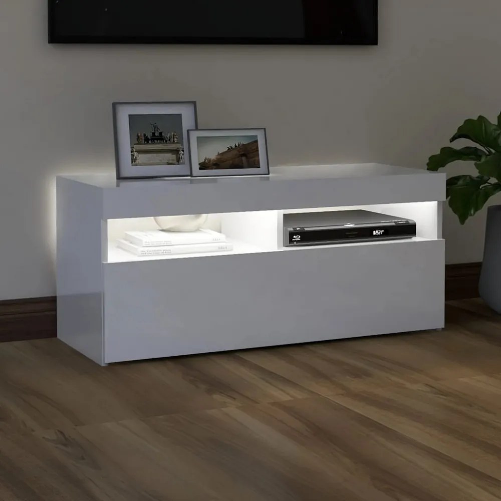 magasfényű fehér TV-szekrény LED lámpákkal 90x35x40 cm