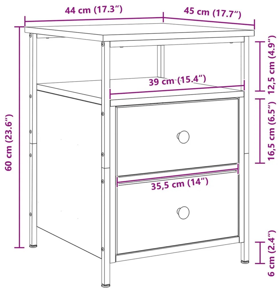 Éjjeli szekrények 2 db Fekete tölgy 44x45x60 cm Műanyag