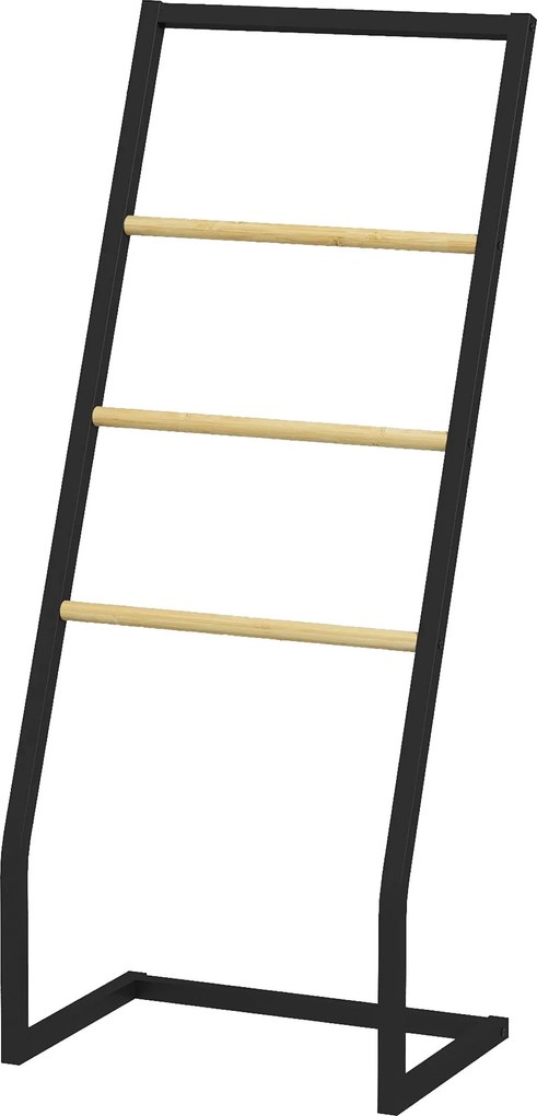 HOMCOM Önálló Törölközőtartó Fürdőszobába 4 Bambusz és Acél Rúddal 40,5x28x98 cm Fekete és Natúr | Aosom
