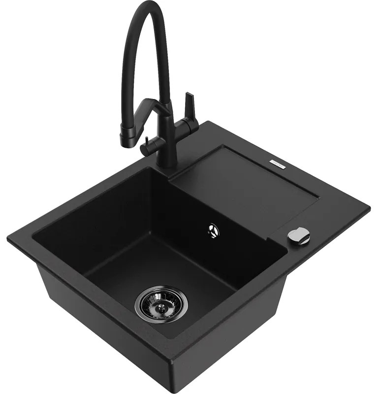 Mexen Enzo 1-medencés gránit mosogató csepegtetővel és Duo konyhai csapteleppel, fekete - 6506-77-671701-70-B