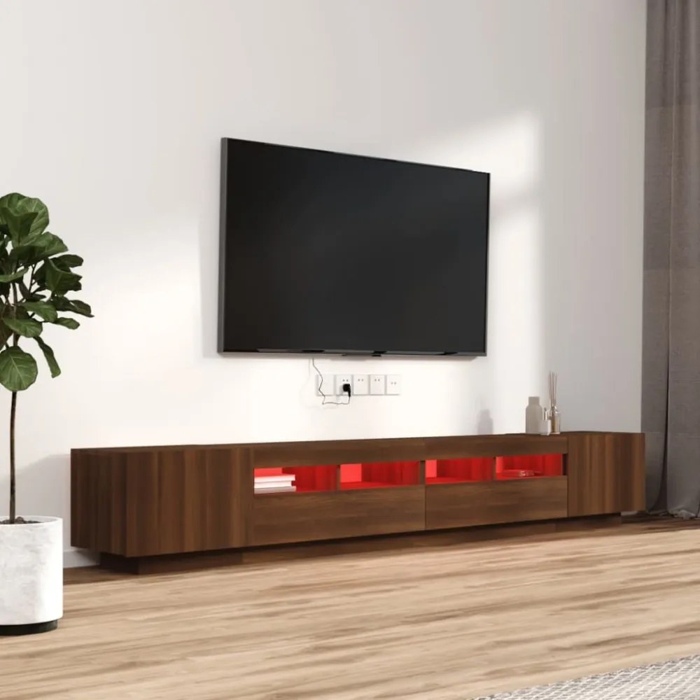 3 részes barna tölgy színű fa TV-szekrény szett LED-lámpákkal