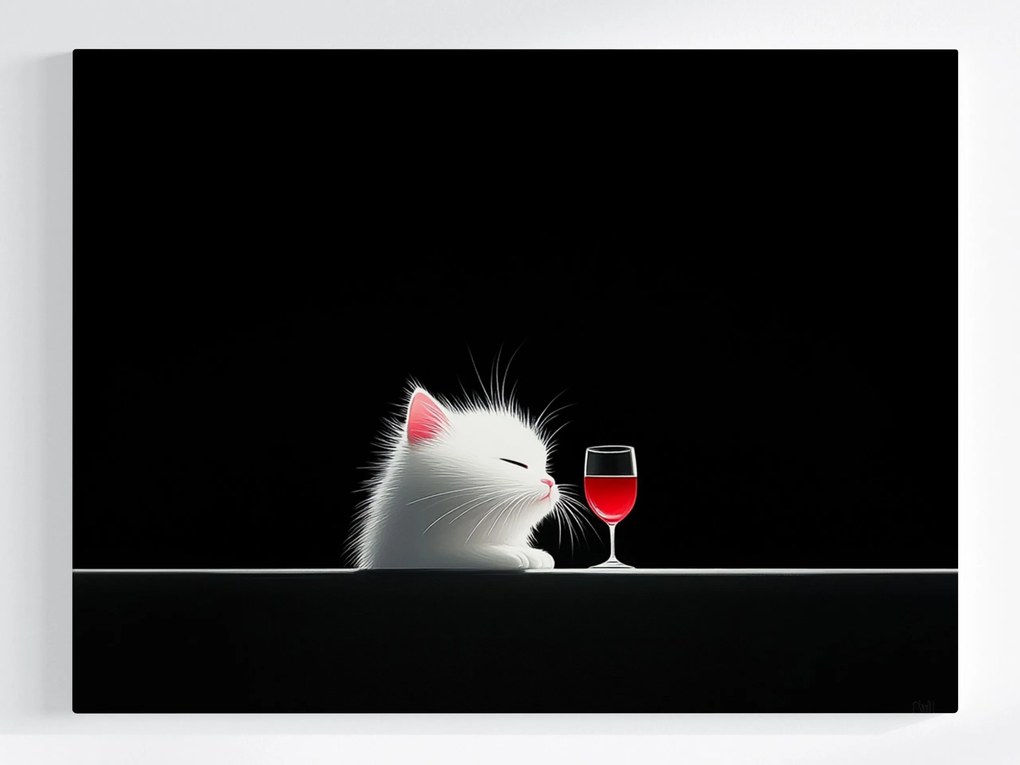 Vászonkép Canvas Grafika Rajz Fehér Macska Vörös Bor 100x75