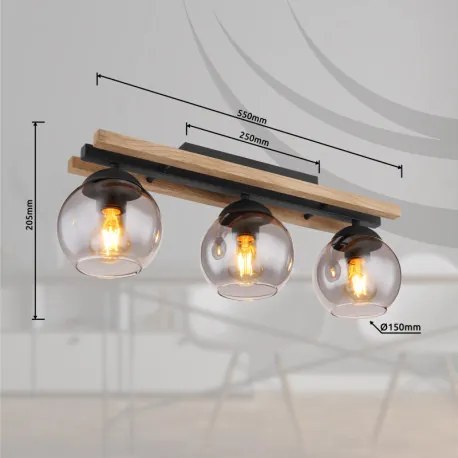 Globo 15569-3DW Mennyezeti lámpa könnyű fém fekete matt, fa sötétbarna, üveg füstszínű, HxSzxM: 600x150x205mm, 3x E27 25W 230V izzók nélkül