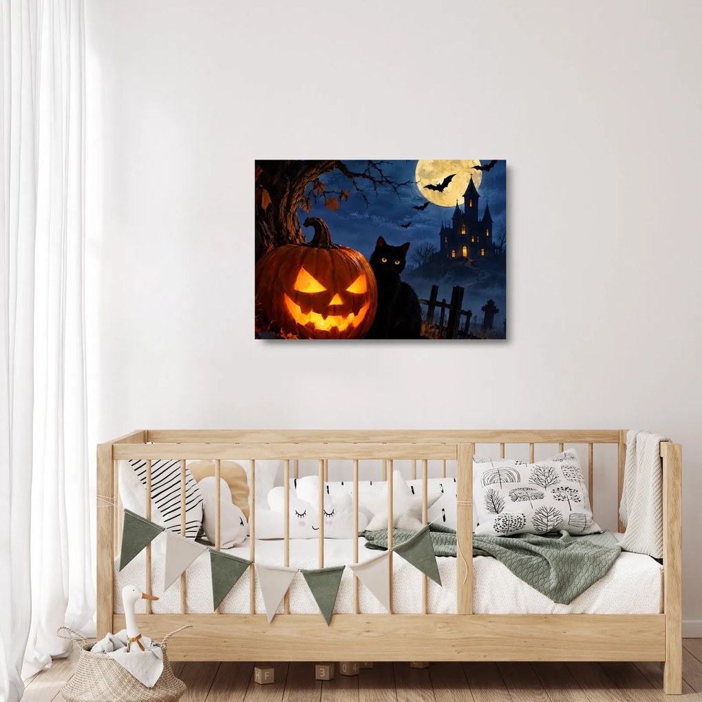 Üveg kép - Fekete macska egy világító halloweeni tök mellett (70x50 cm)