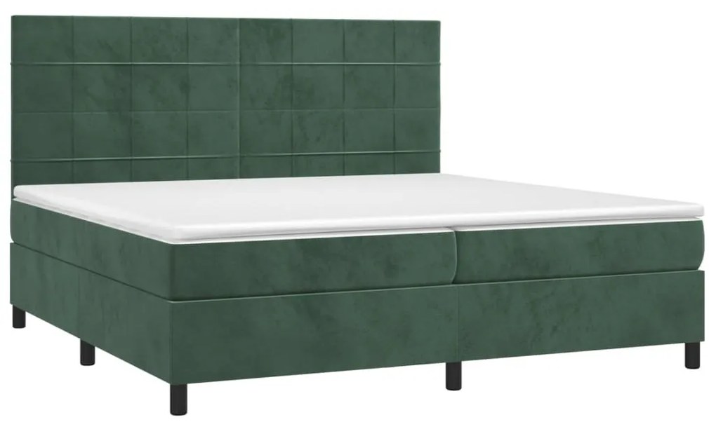 sötétzöld bársony rugós és LED-es ágy matraccal 200x200 cm
