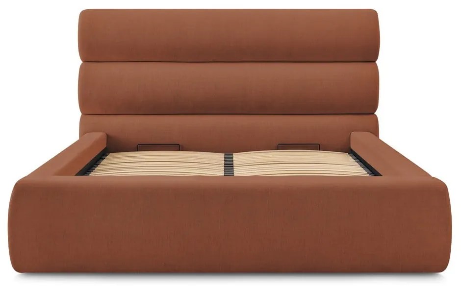 Narancssárga kárpitozott franciaágy tárolóhellyel, ágyráccsal 160x200 cm Jagna – Bobochic Paris