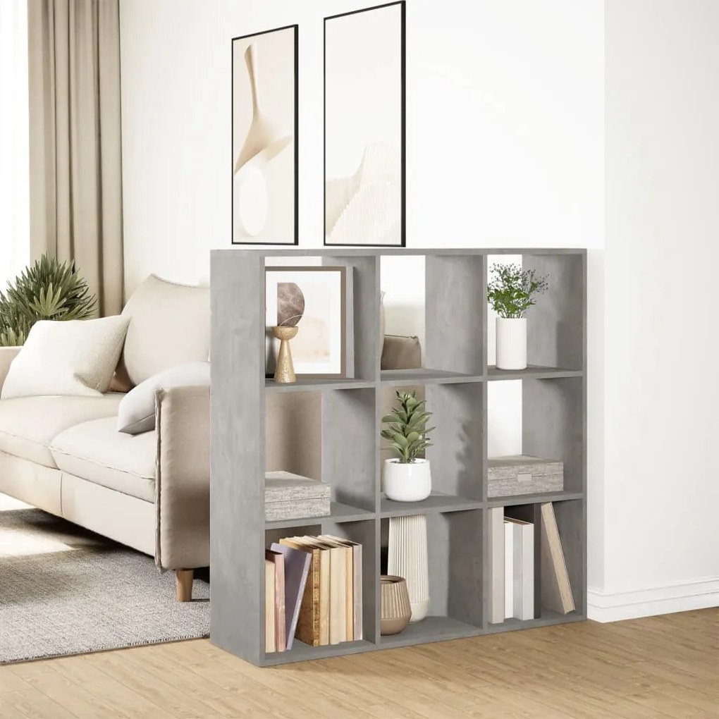 betonszürke szerelt fa elválasztó könyvespolc 102x29x103,5 cm