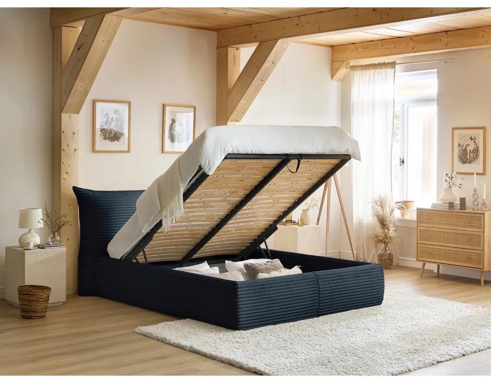 Sötétkék kárpitozott ágyneműtartós franciaágy ágyráccsal 160x200 cm Jade – Bobochic Paris