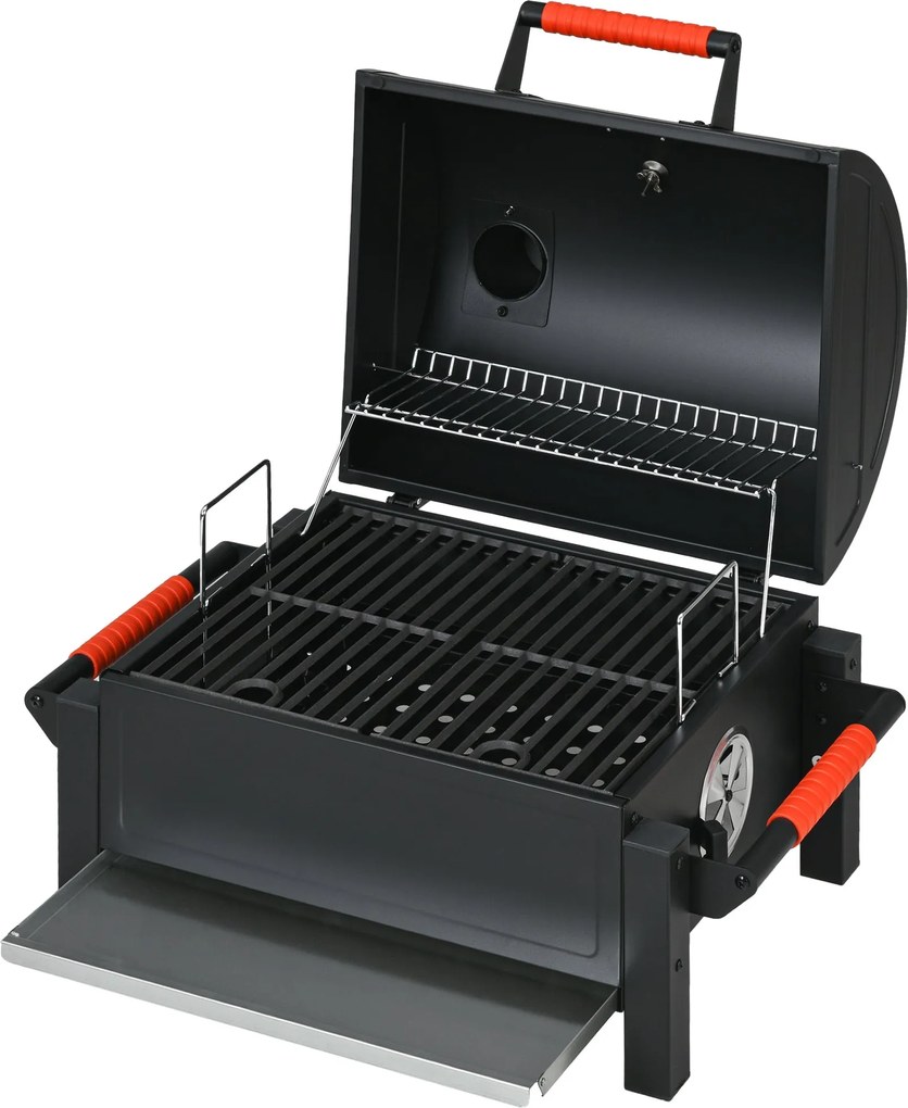 Outsunny Fa Faszenes Grill, Asztali Grill Rácsokkal, Faszenes Tálca, Kemping Grill Fedéllel, Fogantyú, Hőmérő, Asztali Fa Grill Piknikhez, Kerthez, Fe