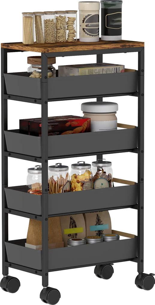 HOMCOM 5-Szintes Konyhai Tároló Kocsi Kerekekkel Fából Hatású Lappal és 4 Kivehető Fiókkal Konyhakocsi Nappaliba, Étkezőbe 39.5x24x82 cm Fekete | Aoso