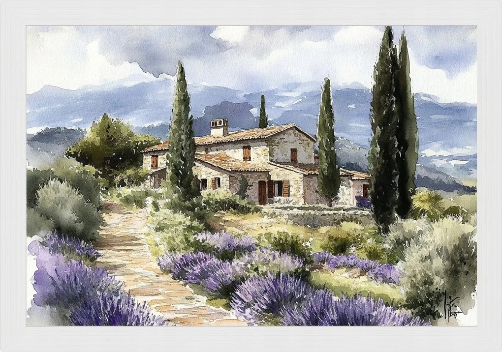 Poszter Keret Fa Olaszország Toszkána Levendula Ciprus Kőház 60x40