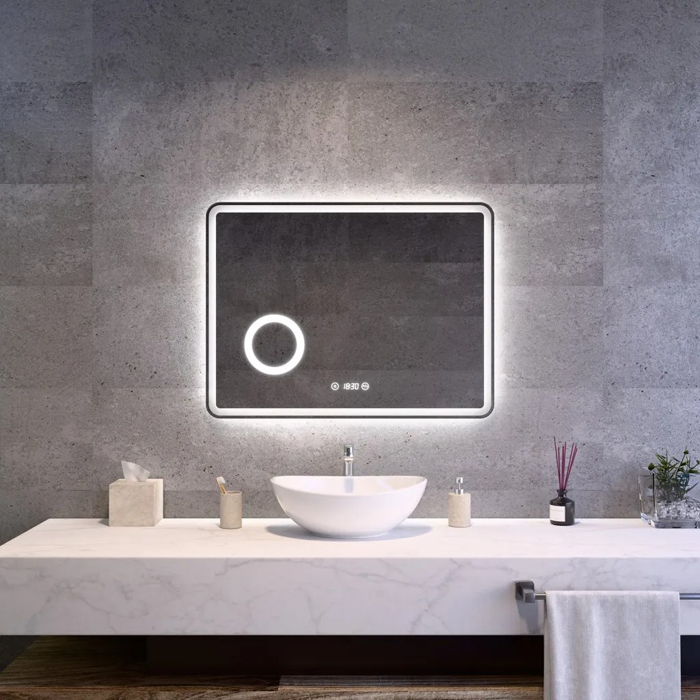 Fürdőszobai LED tükör 80x60cm | Páramentesítő - Kozmetikai tükör - Fényerő + színhőfok állítás - Digitális óra | Welland Luxury-Line G795