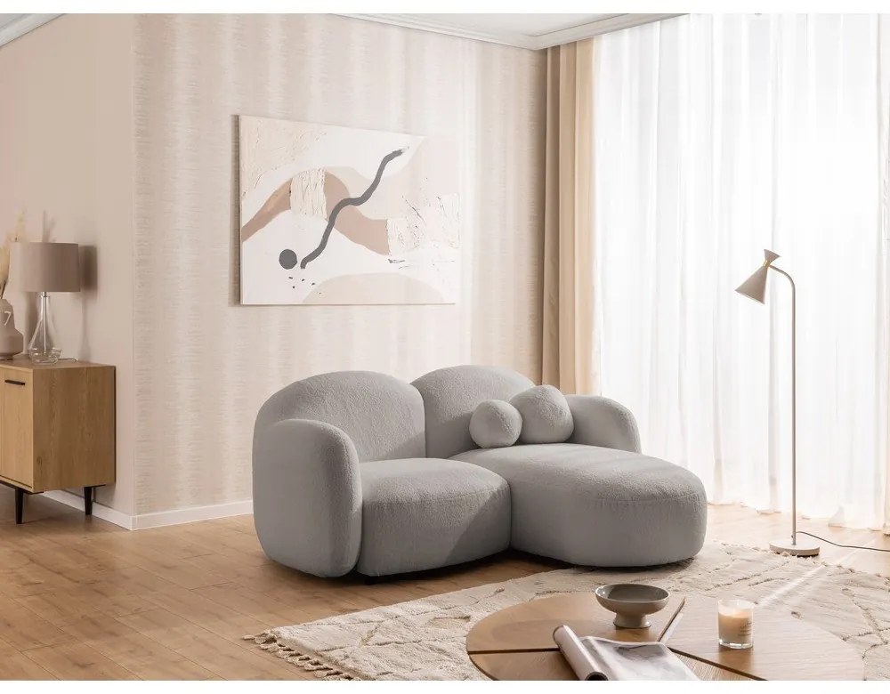 Szürke buklé sarokkanapé (jobb oldali-heverő résszel) Orbit – Ropez