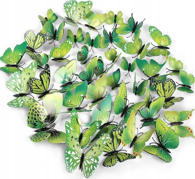 3D pillangók zöld fali dekoráció, mágneses matricák 72 db