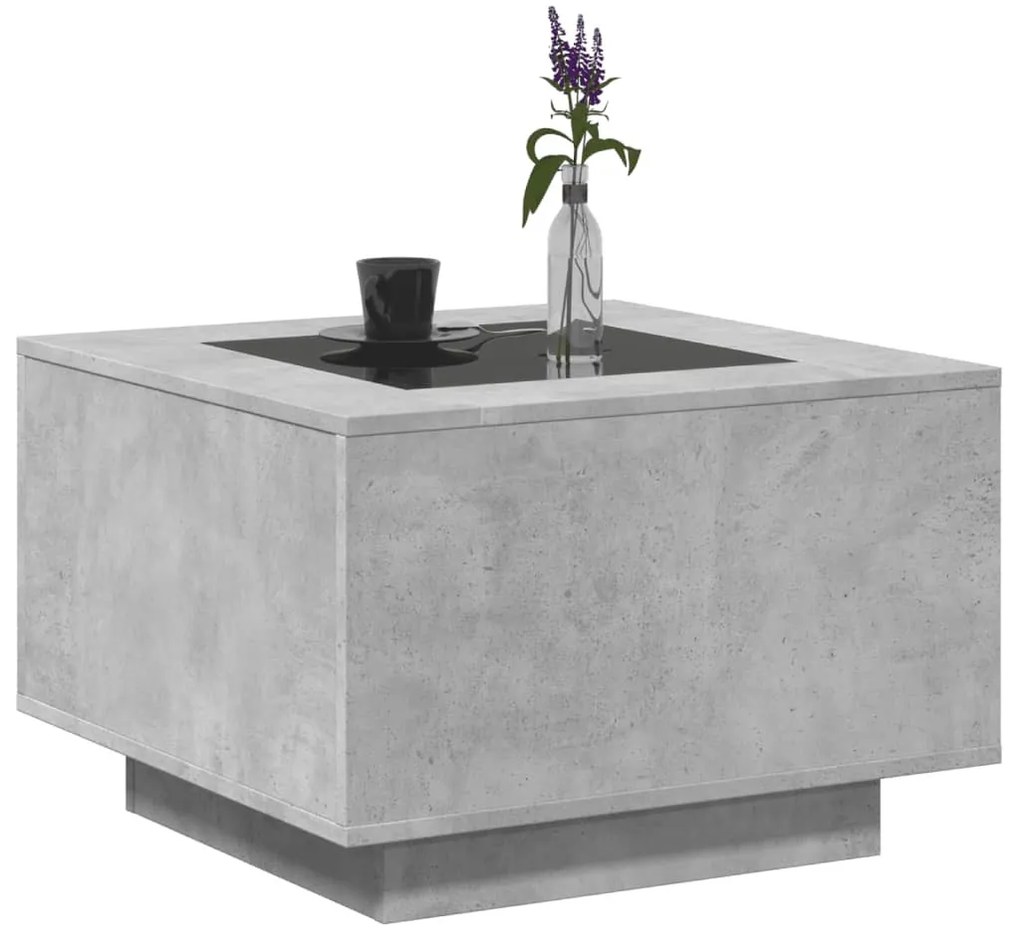 Betonszürke szerelt fa dohányzóasztal LED-del 60 x 60 x 40 cm