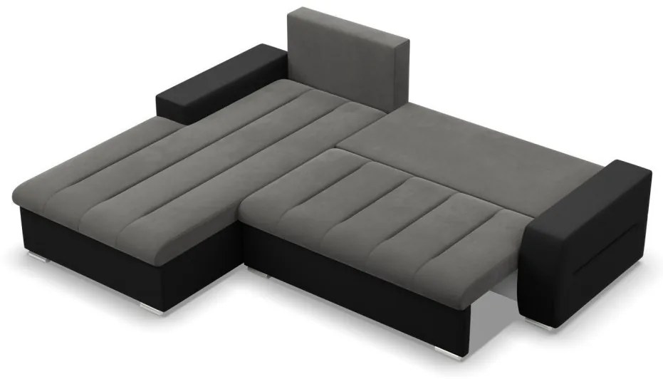 Toronto sarokkanapé, 2 ágyneműtartóval, bársony + műbőr, baloldali, szürke - fekete