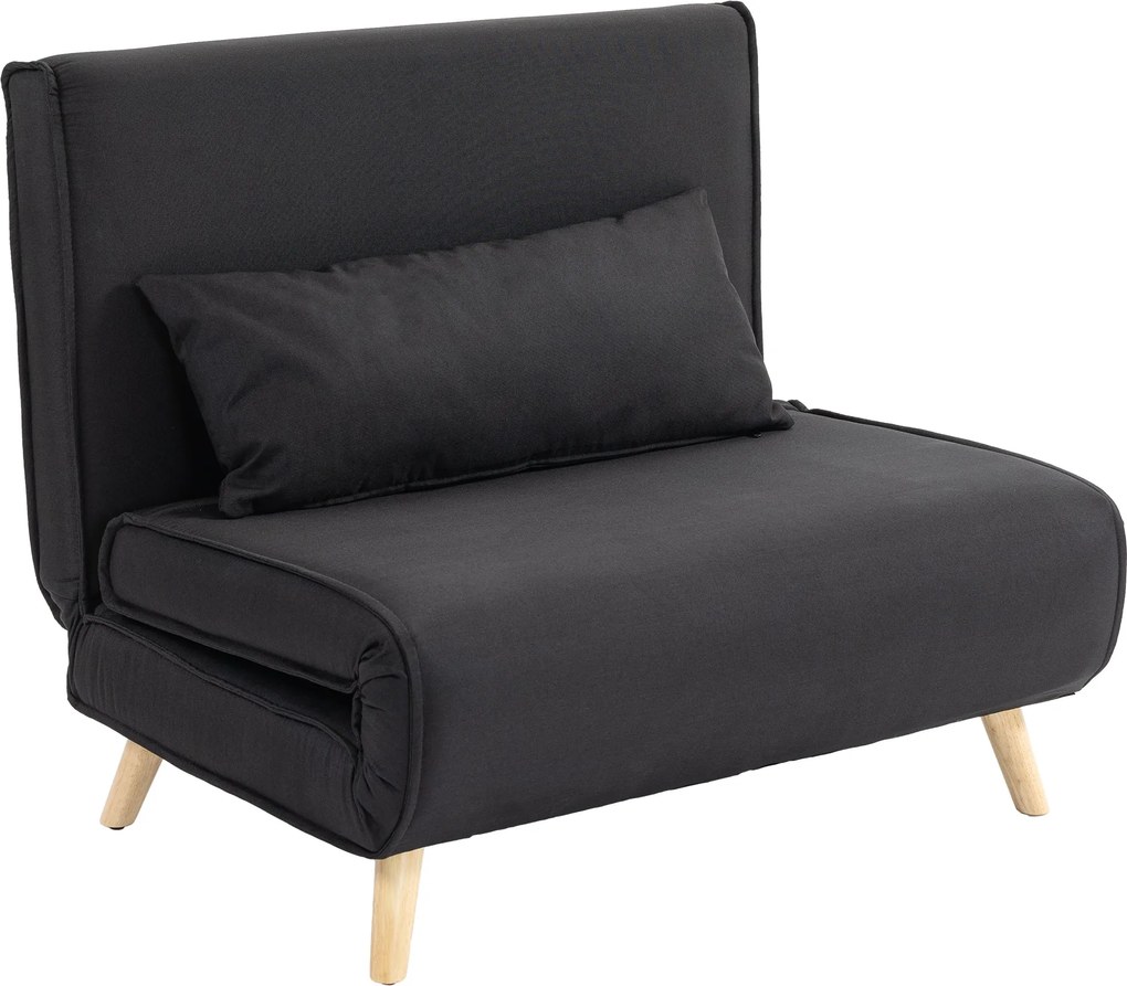HOMCOM Egyszemélyes Ágyazható Kanapé, Összecsukható, Állítható Dőlésszögű Háttámlával, Skandináv Stílusú, 25D Hab, Lenhatású Szövet, Fenyő Fa, Fekete,