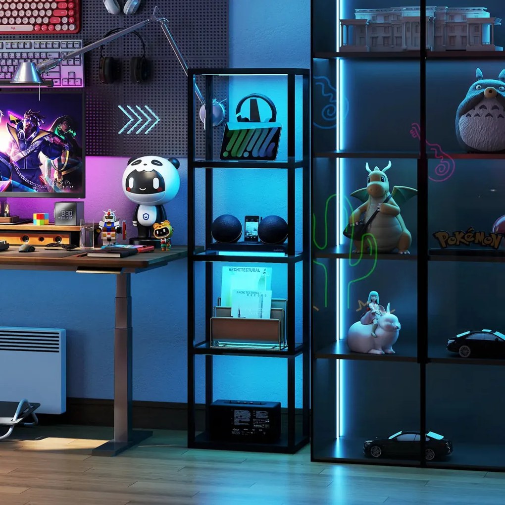 Állólámpa RGB üvegpolcokkal, 4-szintes LED állólámpa távirányítóval, fekete