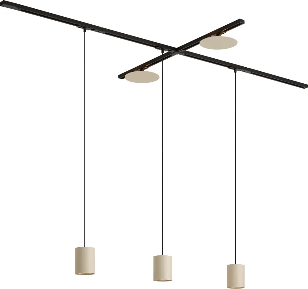 Modern fekete sínrendszer 3 függőlámpával és 2 bézs mennyezeti lámpával, 1 fázisú - Iconic Holt Pulley