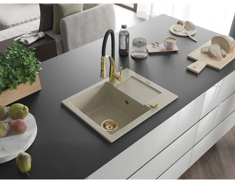 Mexen Enzo, 1 kamrás gránit mosogató 576x465x174 mm és Aster mosogató csaptelep, bézs, 6506-69-73450-57-G