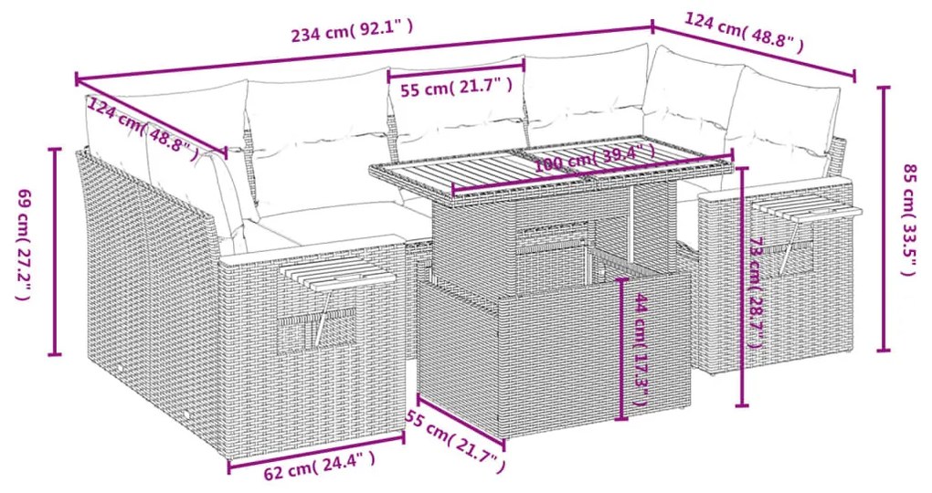 7 részes szürke polyrattan kerti ülőgarnitúra párnákkal