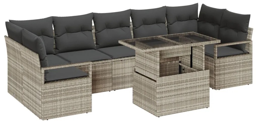 8 darabos kertibútor szett párnákkal Világosszürke Poli rattan, 2 fős kertikanapé párnákkal Szürke Poli rattan