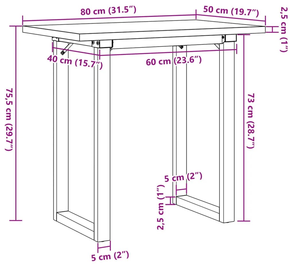 tömör fenyőfa és öntöttvas étkezőasztal O-vázzal 80x50x75,5 cm